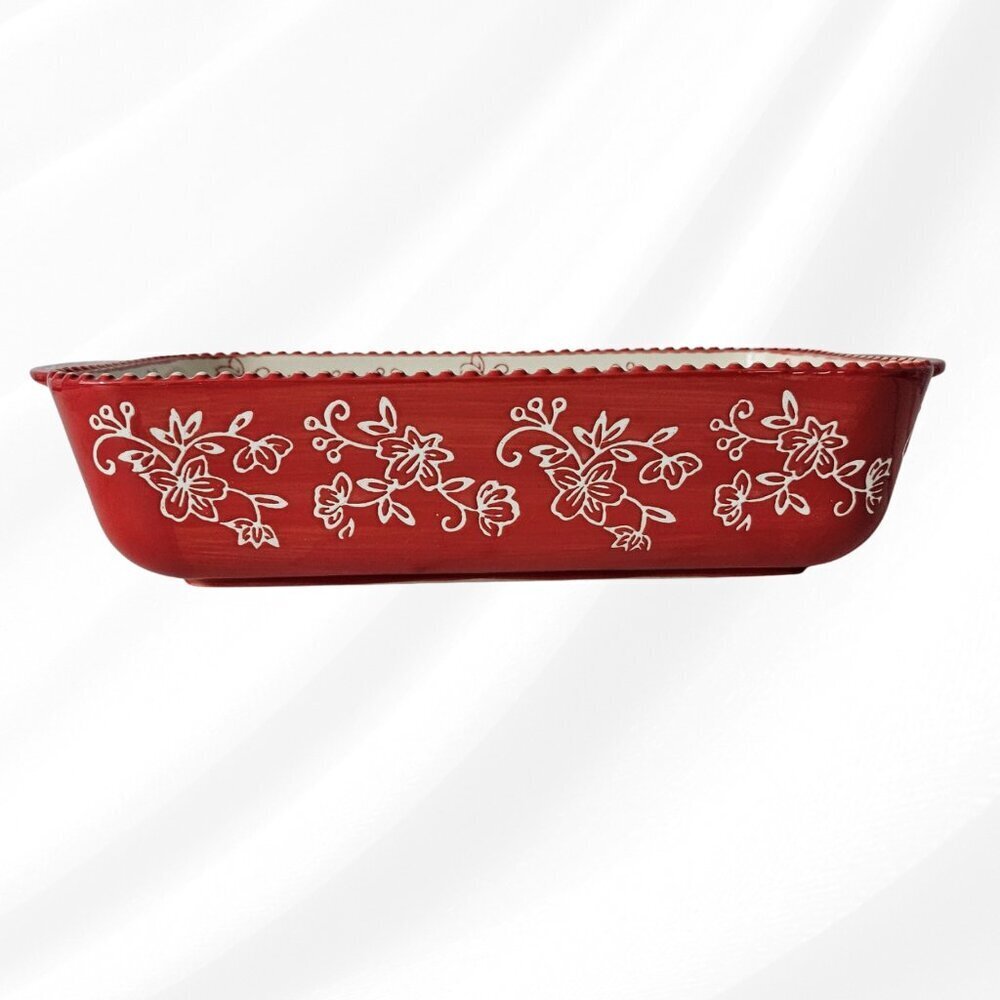 Temp‑Tations Floral Lace Red 13" Rectangular Baker- Stoneware Dish - Picture 4 of 8